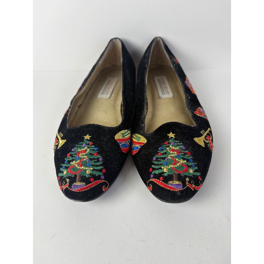 Karen Scott Black Velvet Christmas Tree Embroidered Holiday Ballet Flats 7M